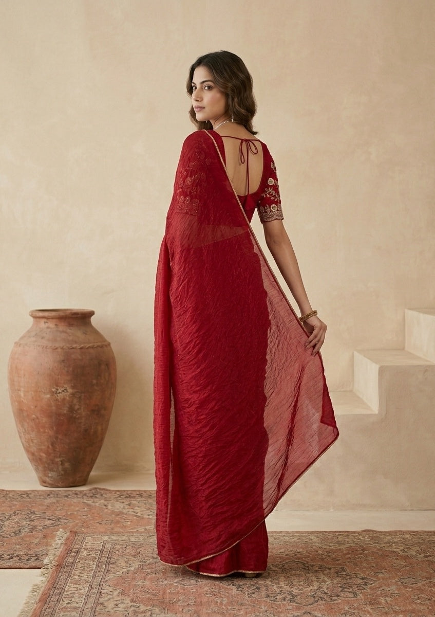 Rani Pink Tissue Sequins Saree With Matching Blouse Piece