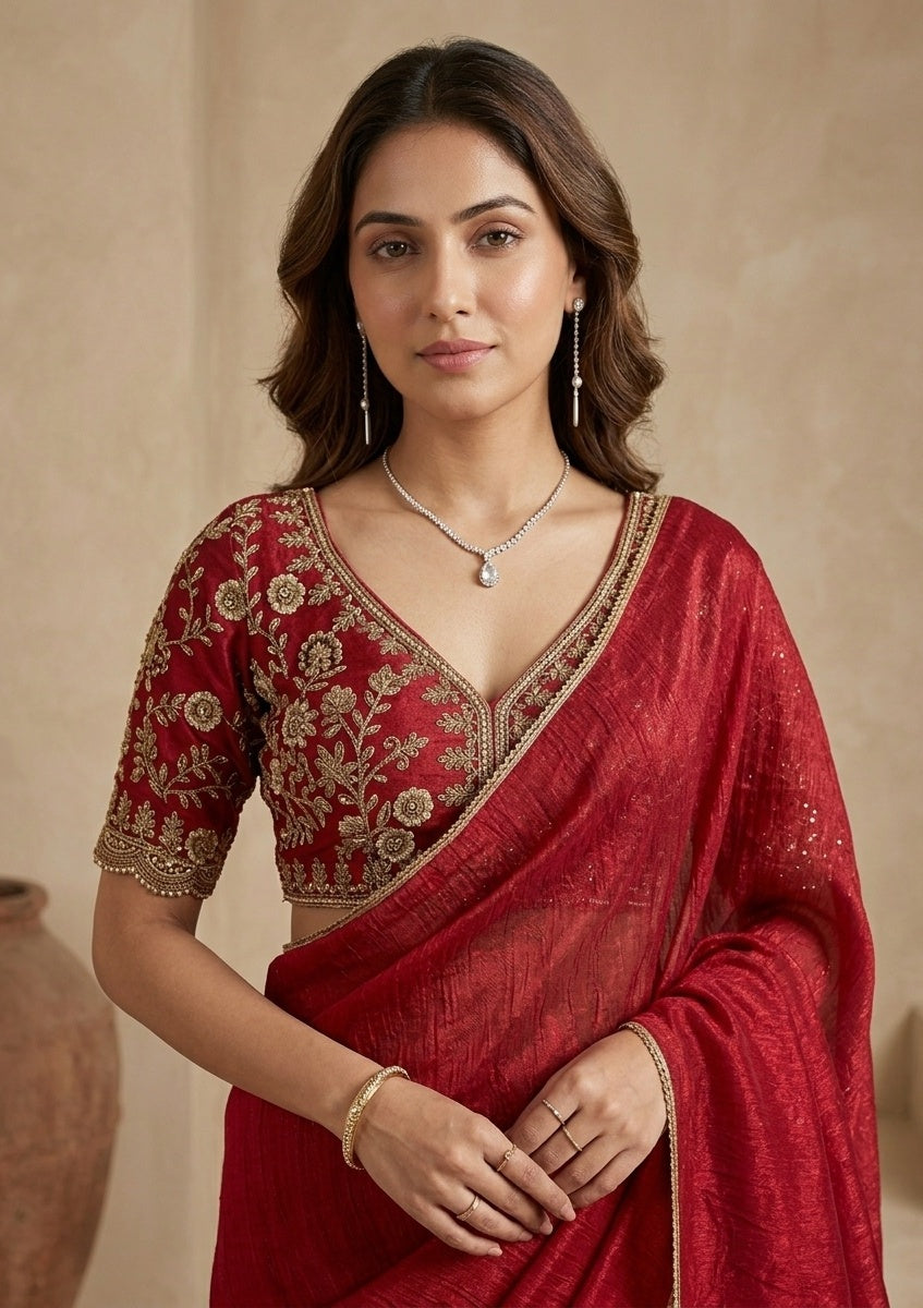 Rani Pink Tissue Sequins Saree With Matching Blouse Piece