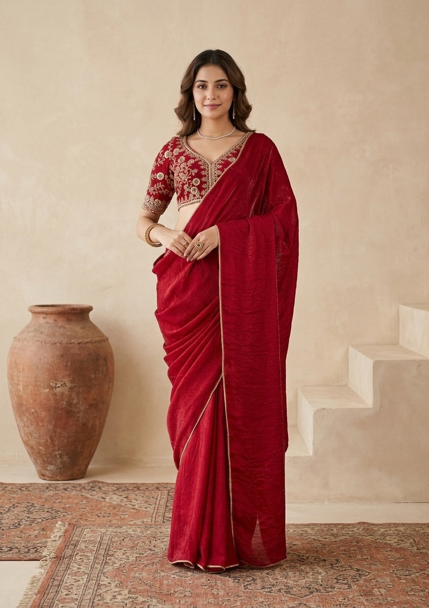 Rani Pink Tissue Sequins Saree With Matching Blouse Piece
