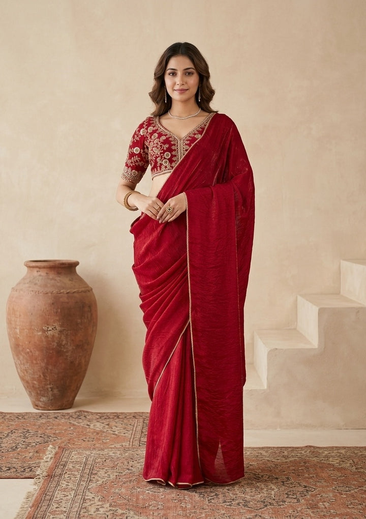 Rani Pink Tissue Sequins Saree With Matching Blouse Piece