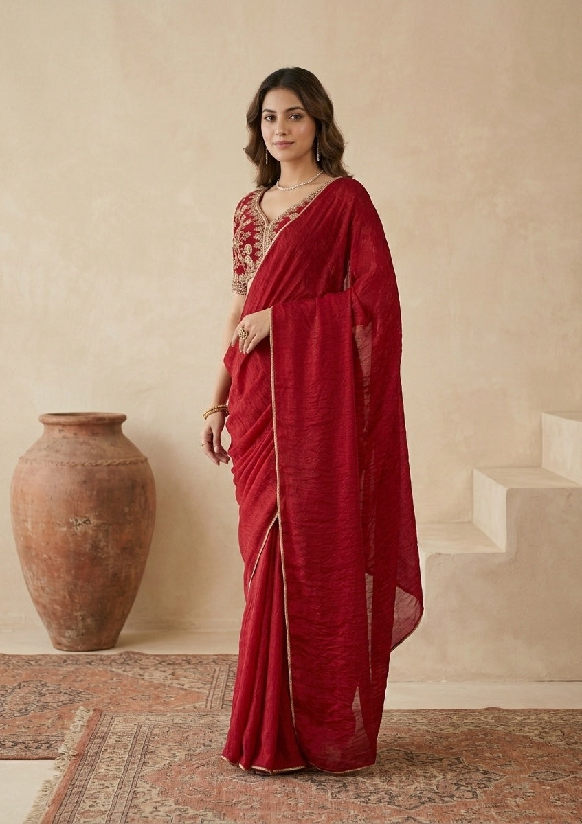 Rani Pink Tissue Sequins Saree With Matching Blouse Piece