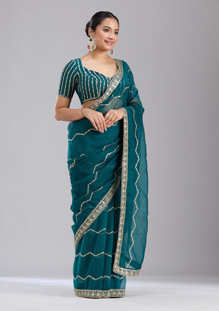 Peacock Blue Sequins Georgette Saree