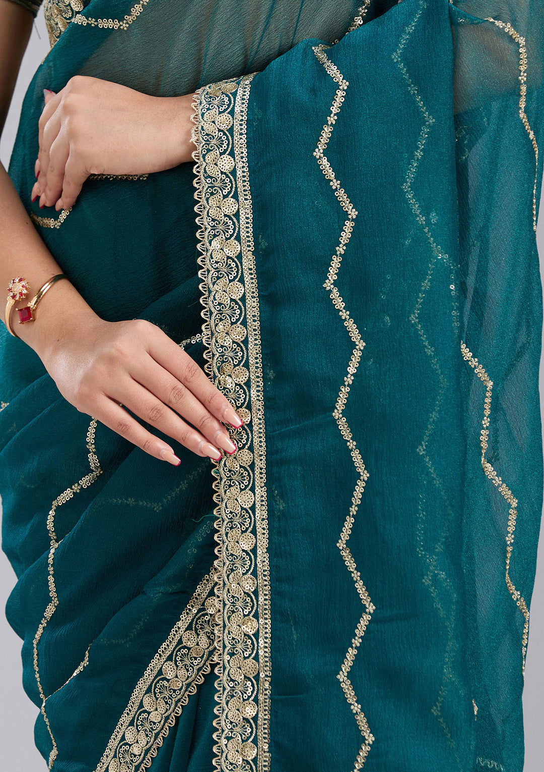 Peacock Blue Sequins Georgette Saree