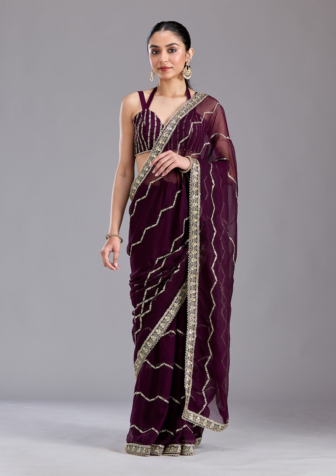 Wine Georgette Sequins Saree With Matching Blouse Piece