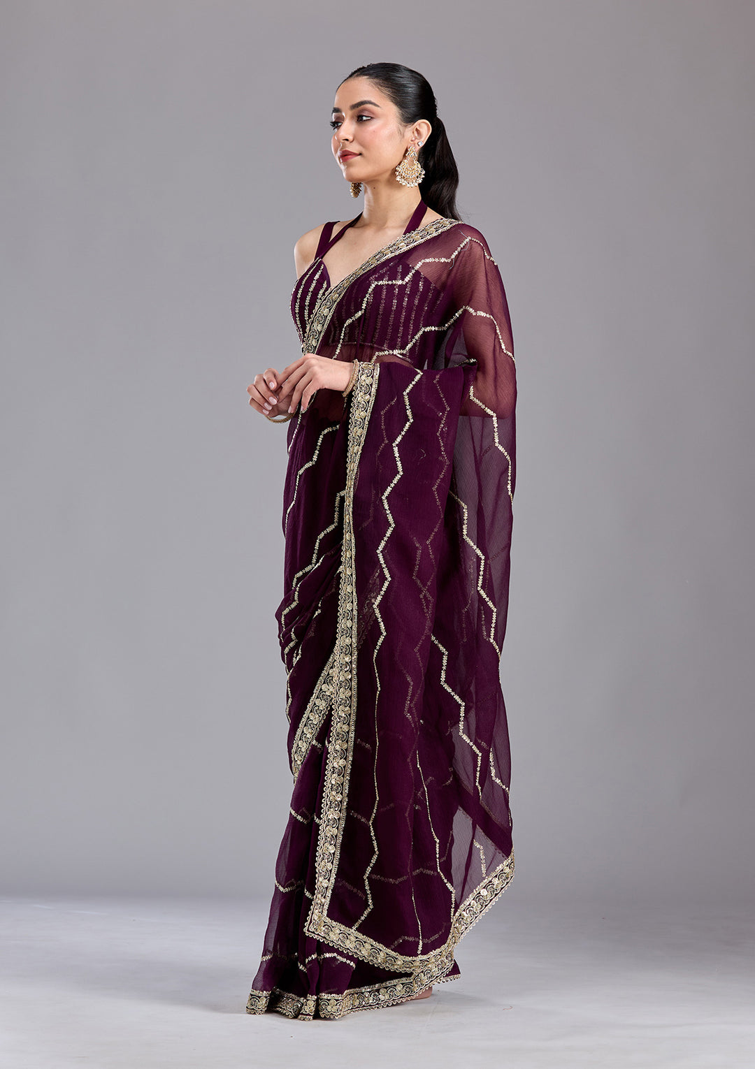 Wine Georgette Sequins Saree With Matching Blouse Piece