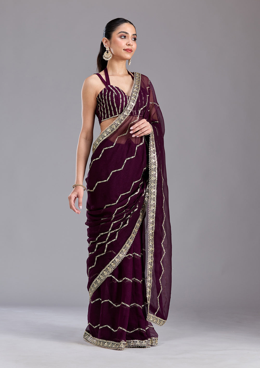 Wine Georgette Sequins Saree With Matching Blouse Piece