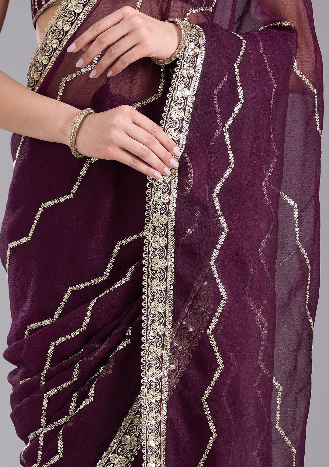 Wine Georgette Sequins Saree With Matching Blouse Piece