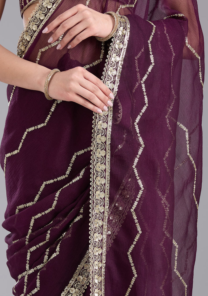 Wine Georgette Sequins Saree With Matching Blouse Piece