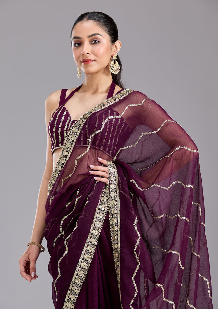Wine Georgette Sequins Saree With Matching Blouse Piece