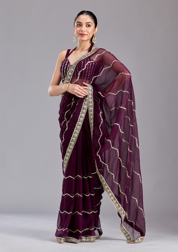 Wine Georgette Sequins Saree With Matching Blouse Piece