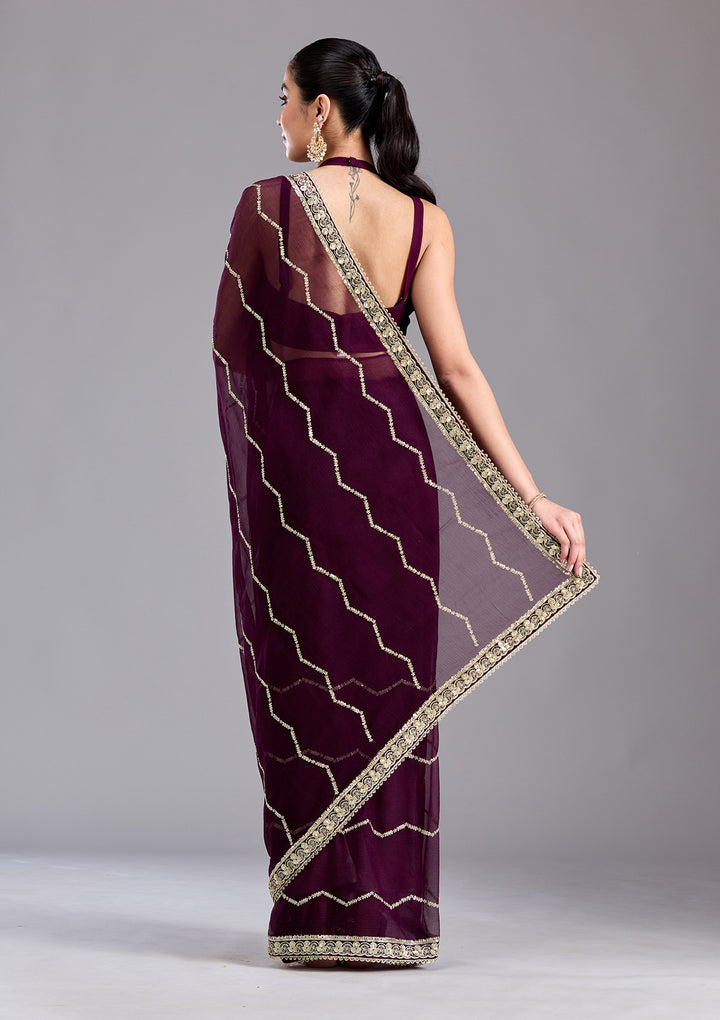 Wine Georgette Sequins Saree With Matching Blouse Piece