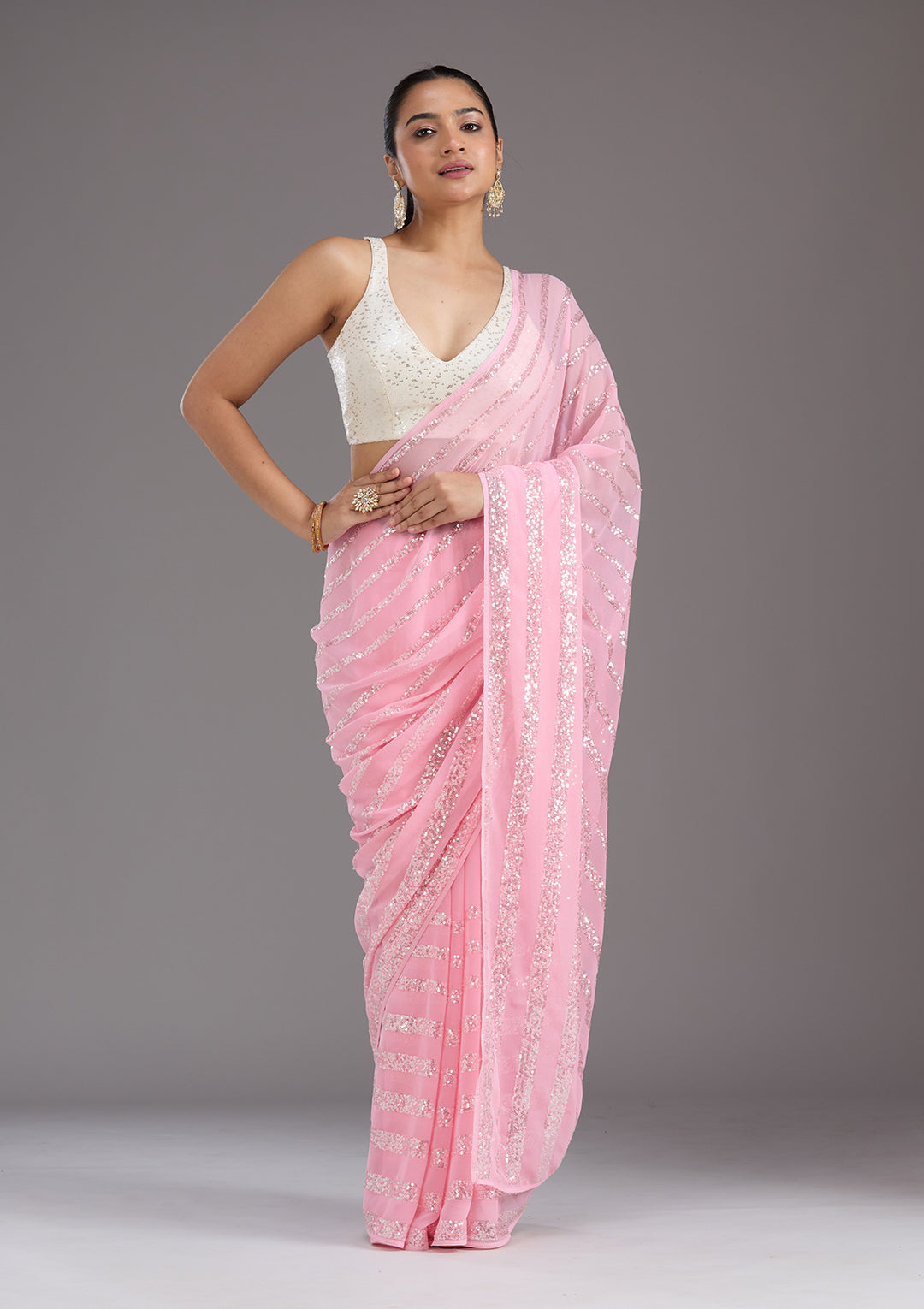 Baby Pink Georgette Sequins Saree With Matching Blouse Piece