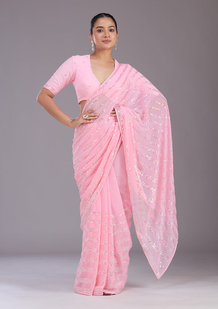 Baby Pink Georgette Sequins Saree With Matching Blouse Piece