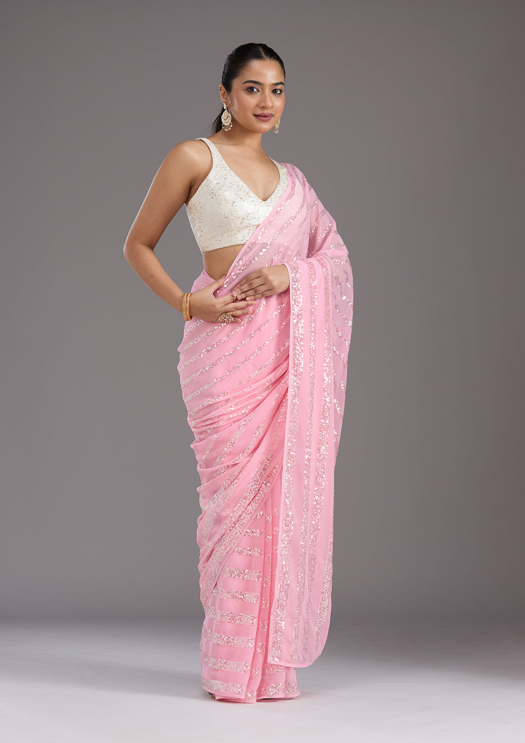 Baby Pink Georgette Sequins Saree With Matching Blouse Piece