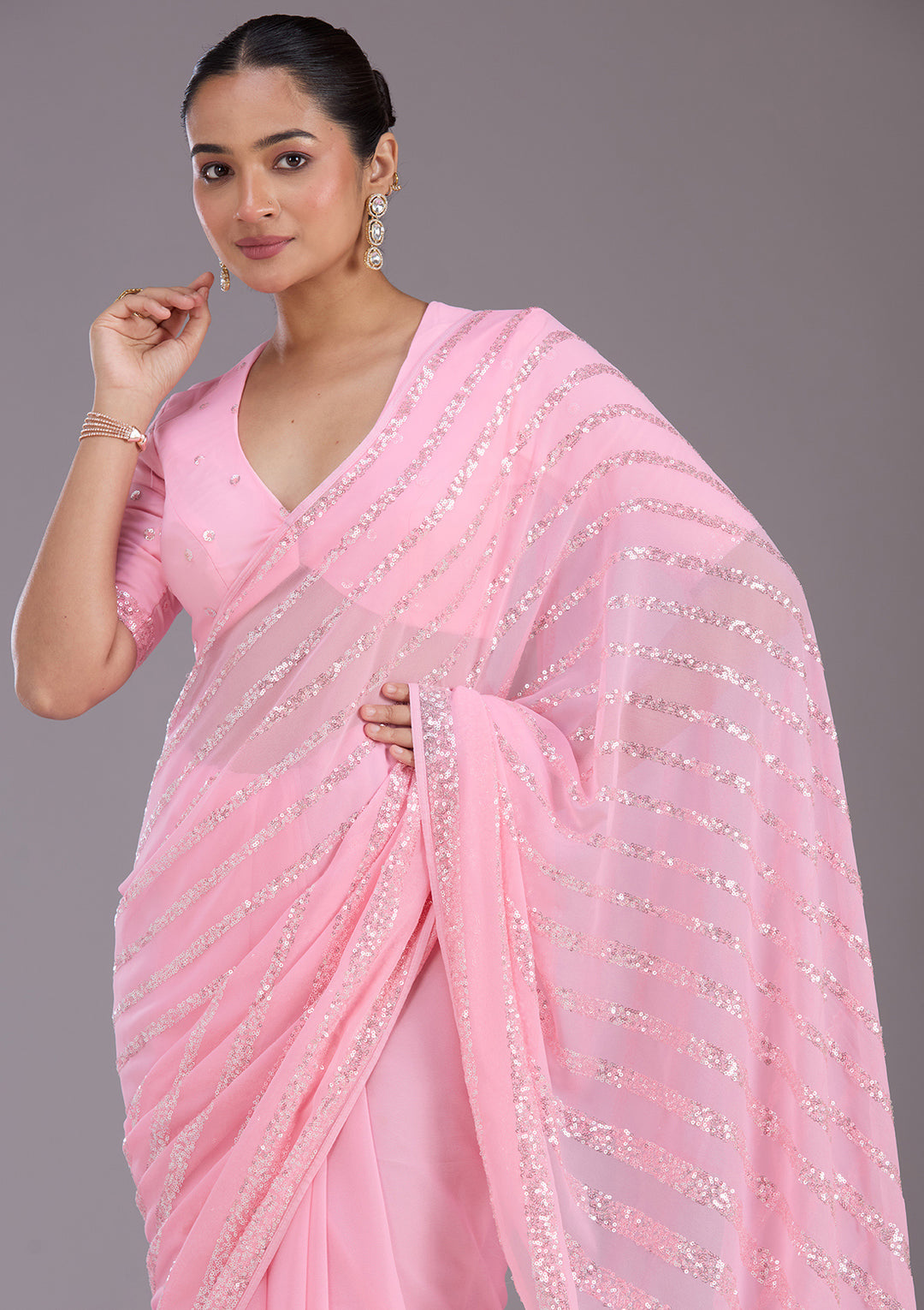 Baby Pink Georgette Sequins Saree With Matching Blouse Piece