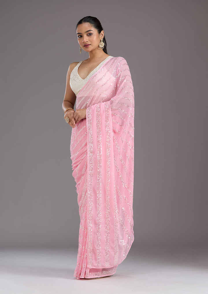 Baby Pink Georgette Sequins Saree With Matching Blouse Piece