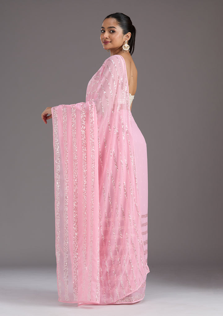 Baby Pink Georgette Sequins Saree With Matching Blouse Piece