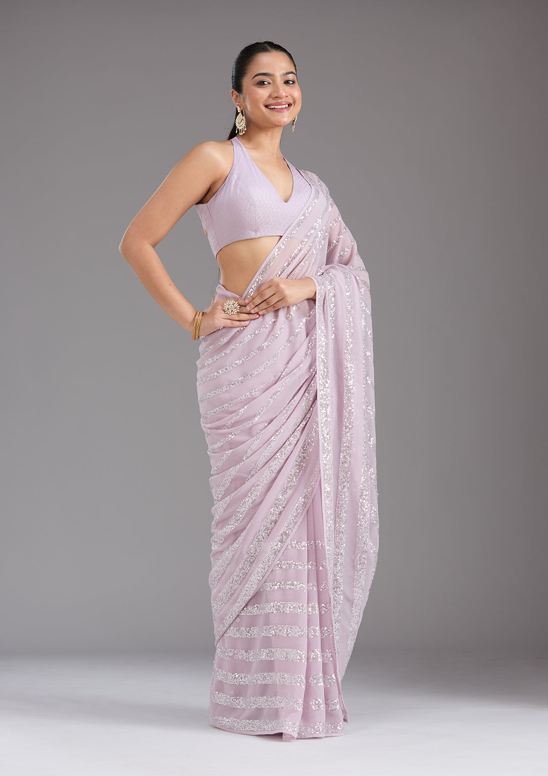 Lavender Sequins Georgette Saree
