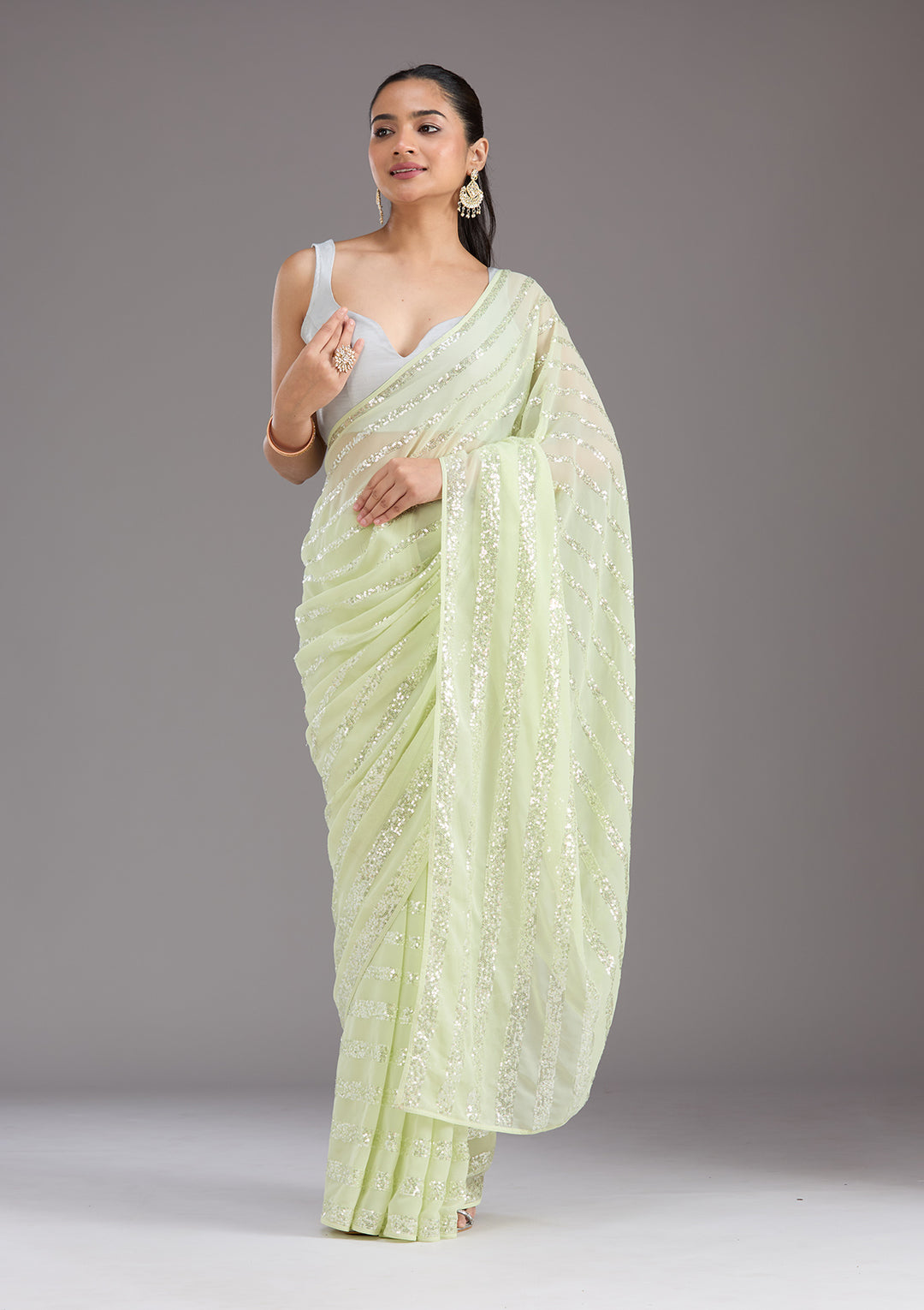 Pista Green Sequins Georgette Saree