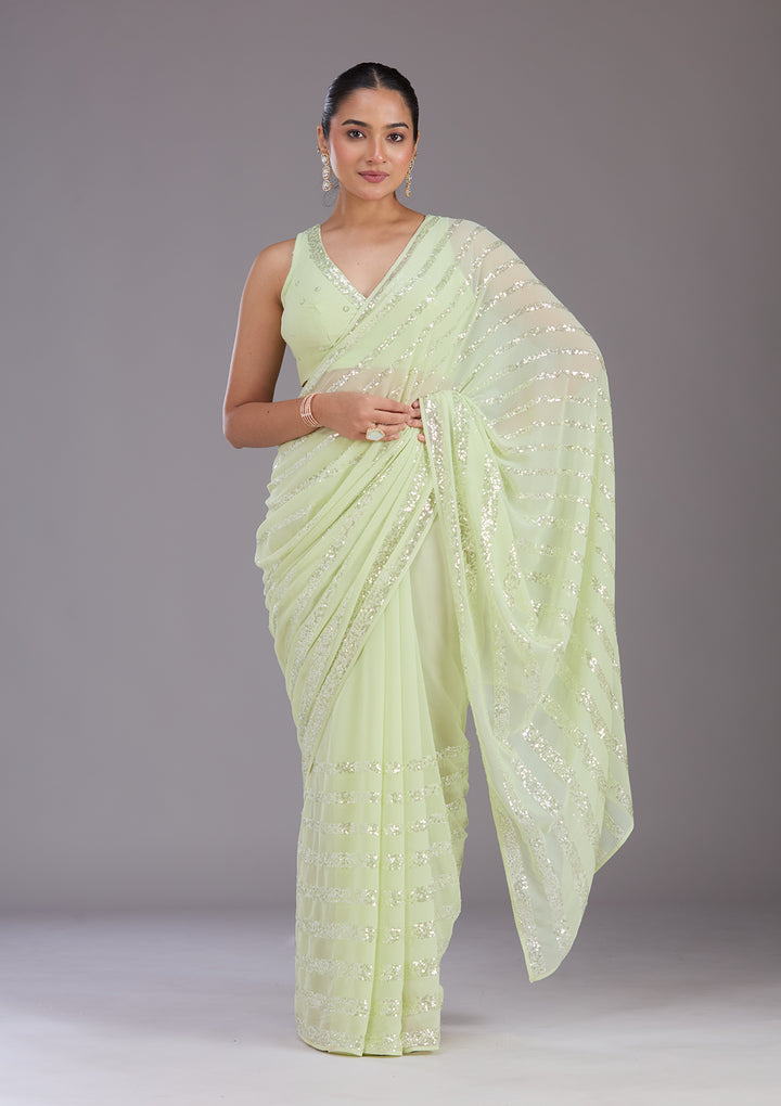 Pista Green Sequins Georgette Saree
