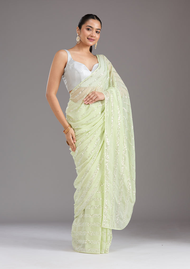 Pista Green Sequins Georgette Saree