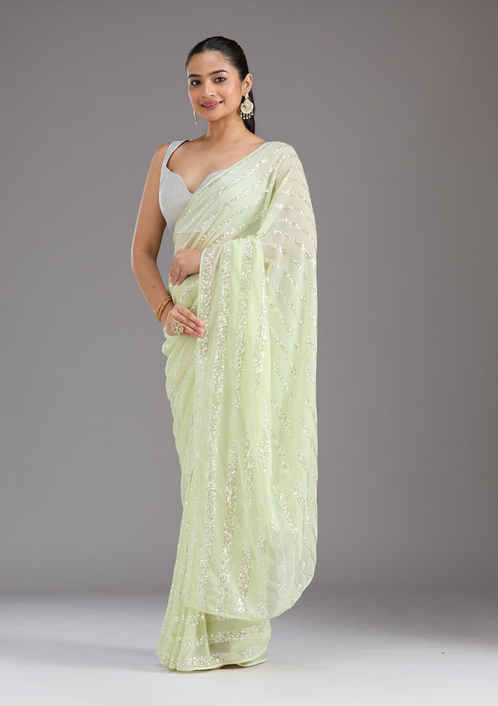 Pista Green Sequins Georgette Saree