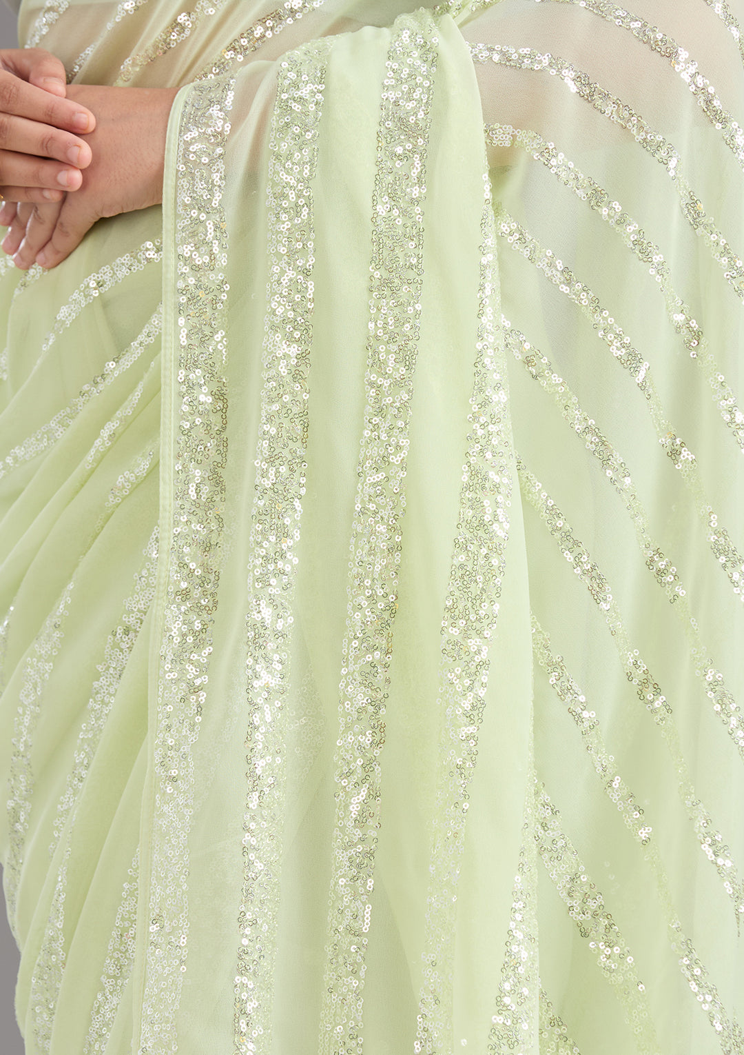 Pista Green Sequins Georgette Saree