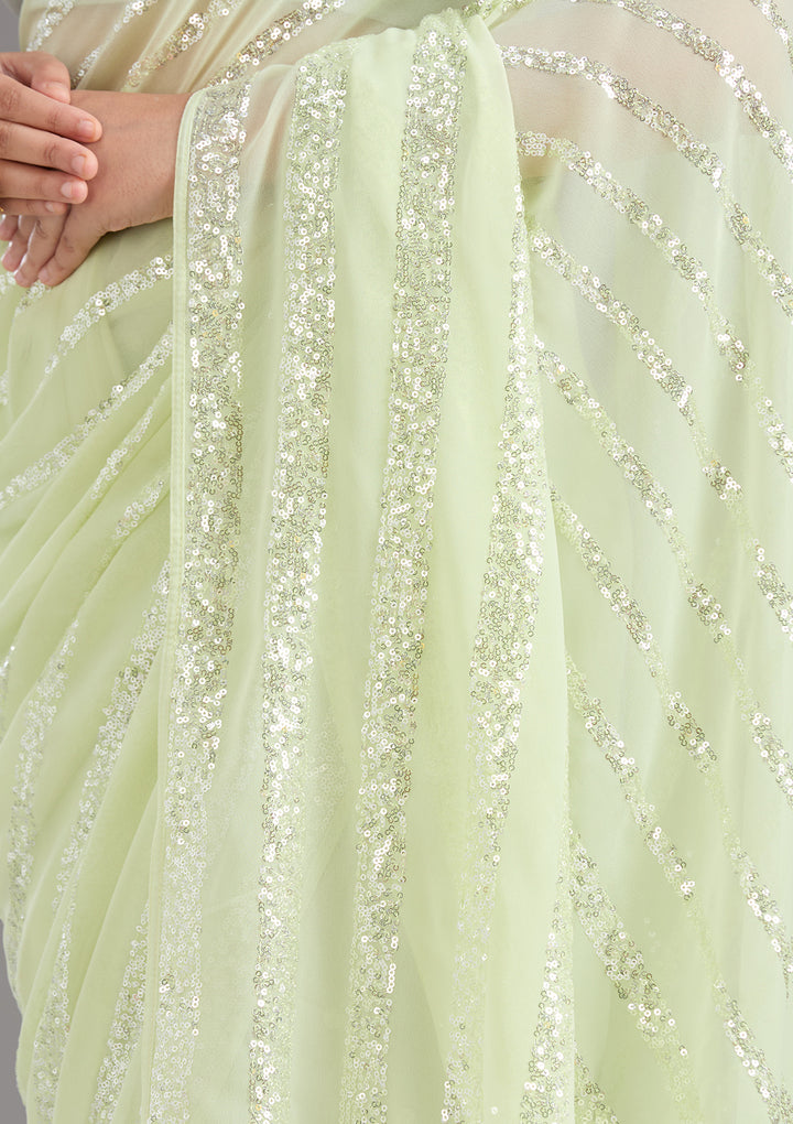 Pista Green Sequins Georgette Saree