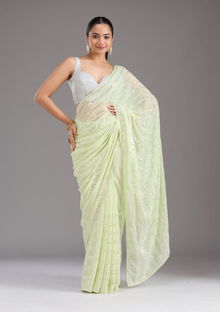 Pista Green Sequins Georgette Saree