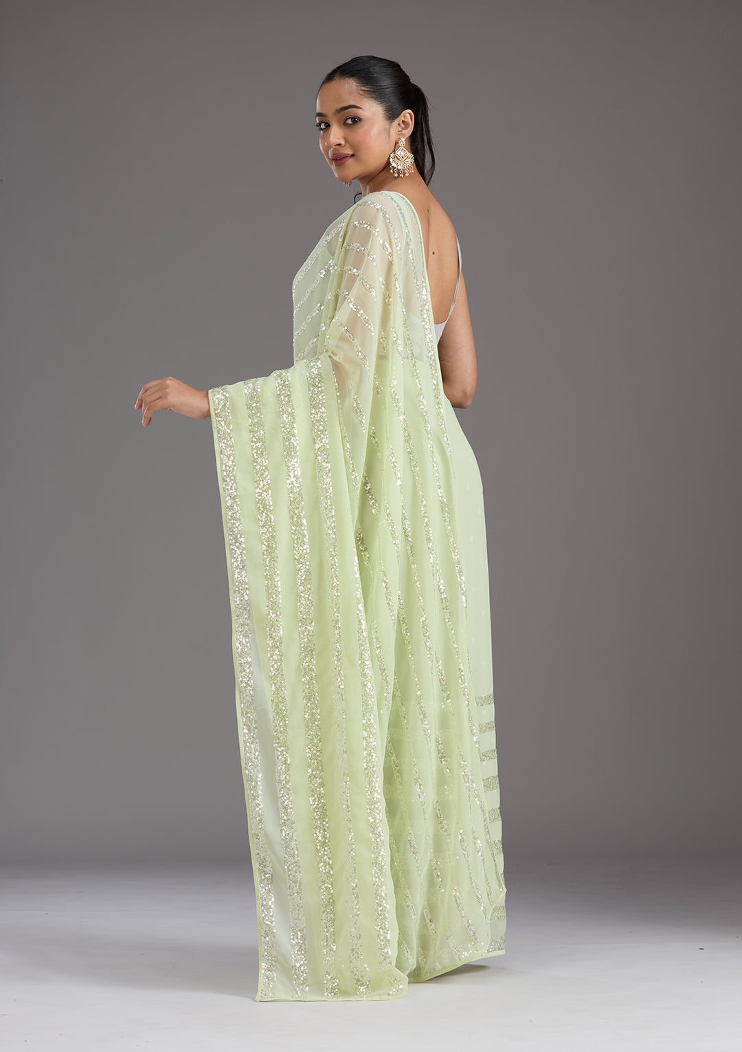 Pista Green Sequins Georgette Saree