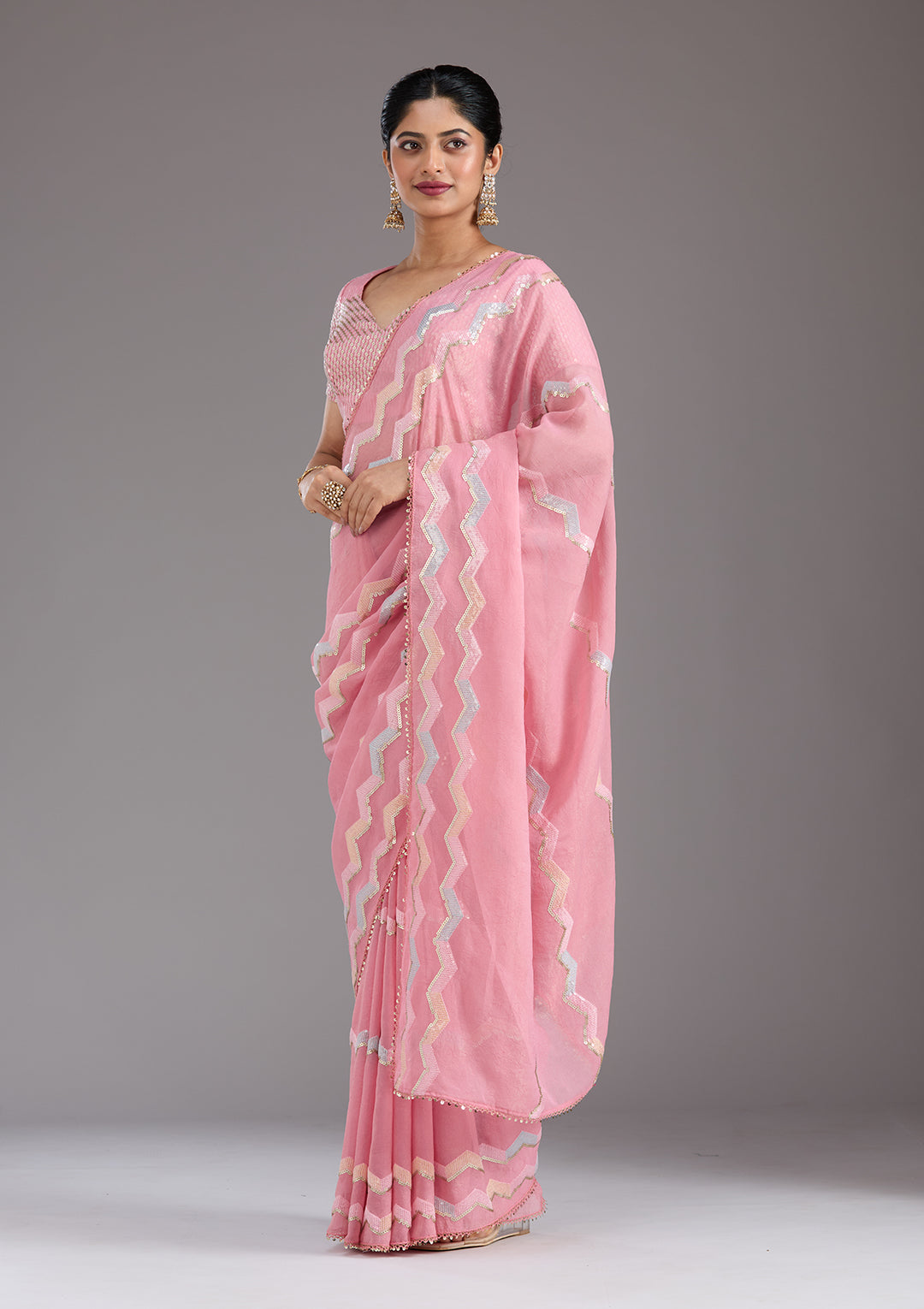 Baby Pink Sequins Semi Crepe Saree