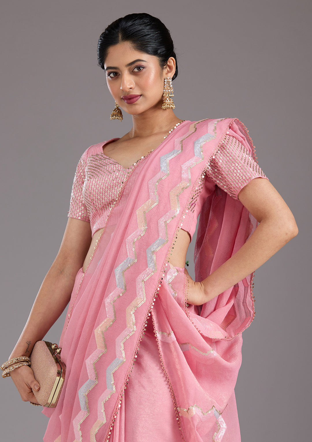 Baby Pink Sequins Semi Crepe Saree