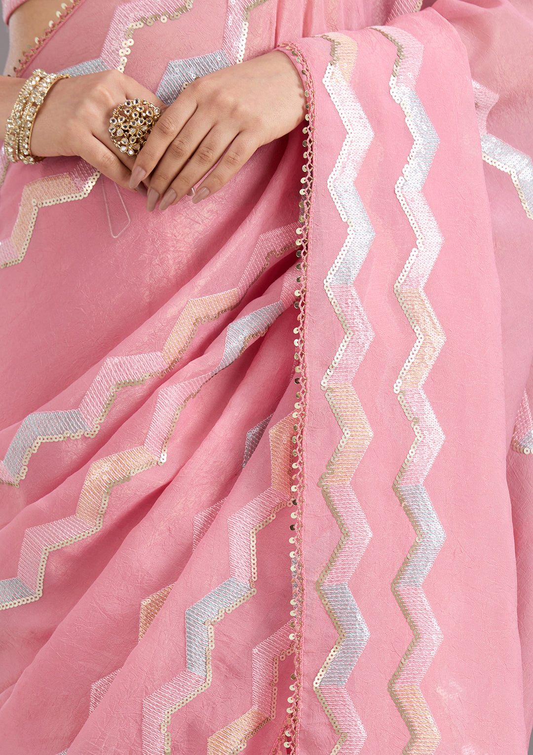 Baby Pink Sequins Semi Crepe Saree
