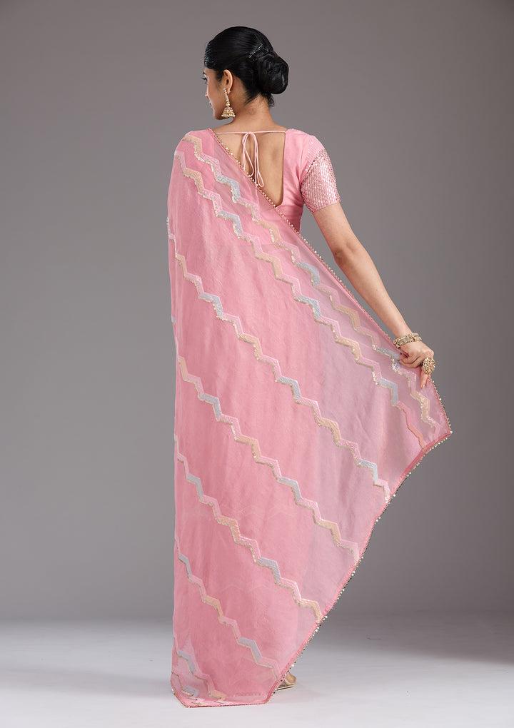 Baby Pink Sequins Semi Crepe Saree