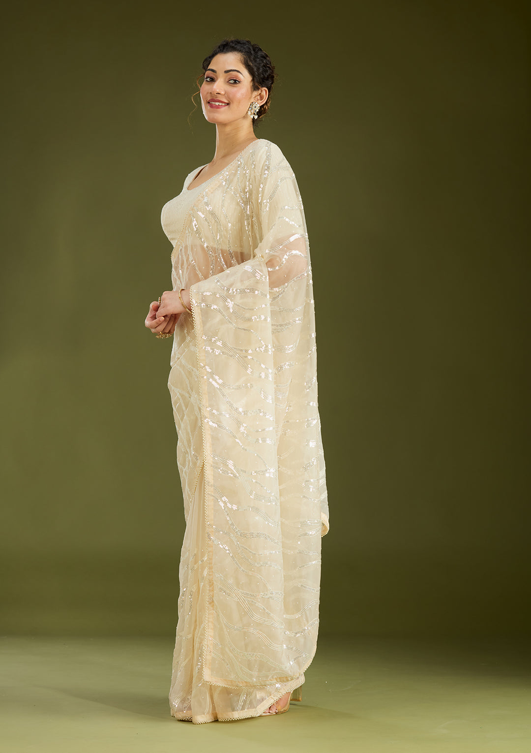 Beige Pearlwork Organza Saree