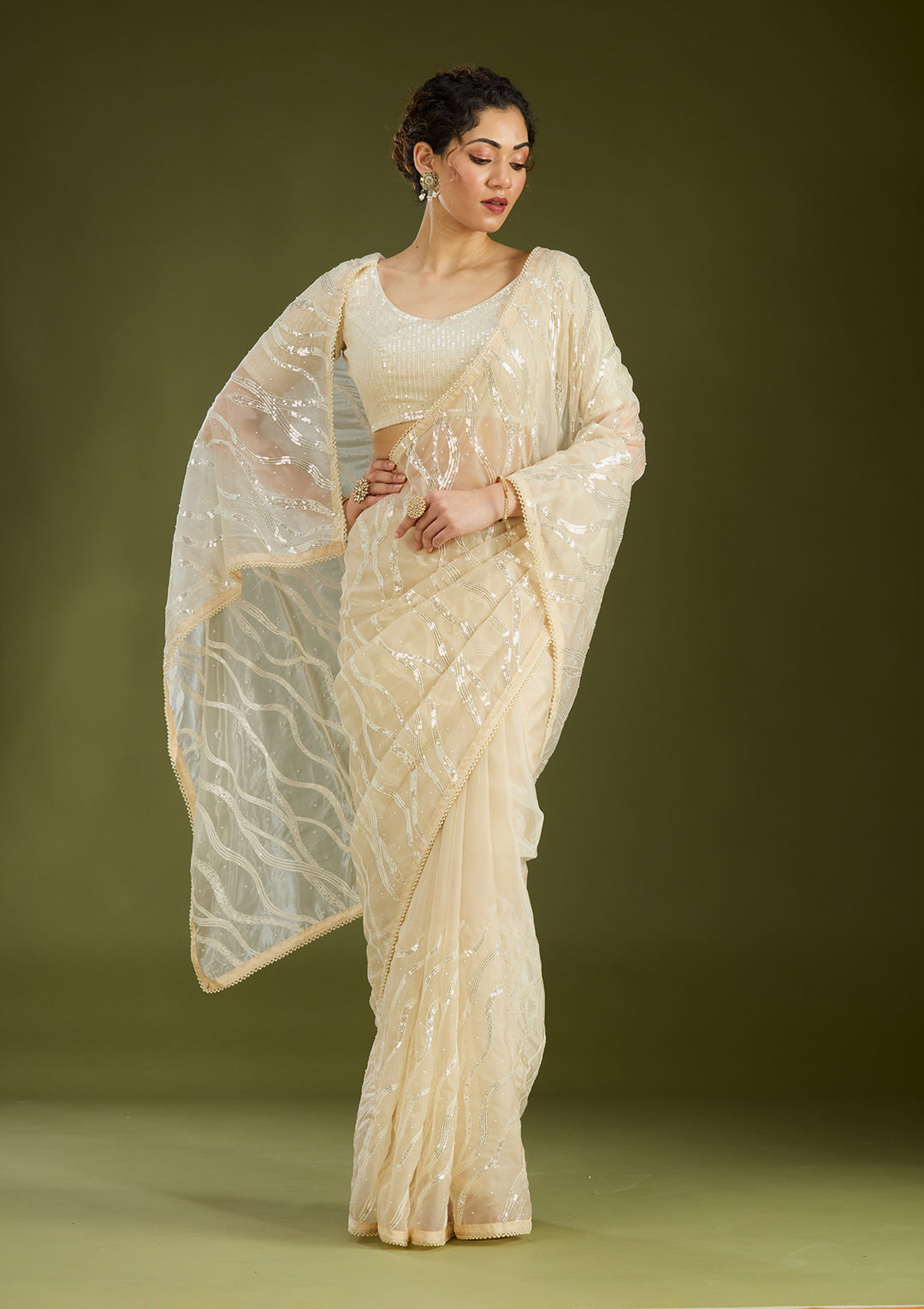 Beige Pearlwork Organza Saree