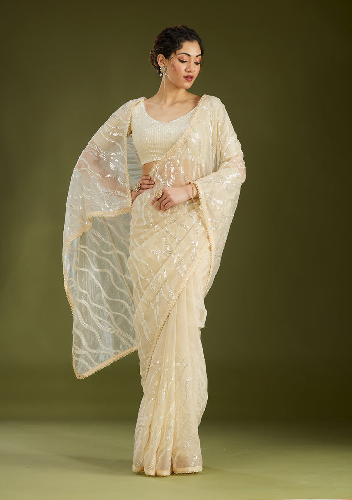 Beige Pearlwork Organza Saree