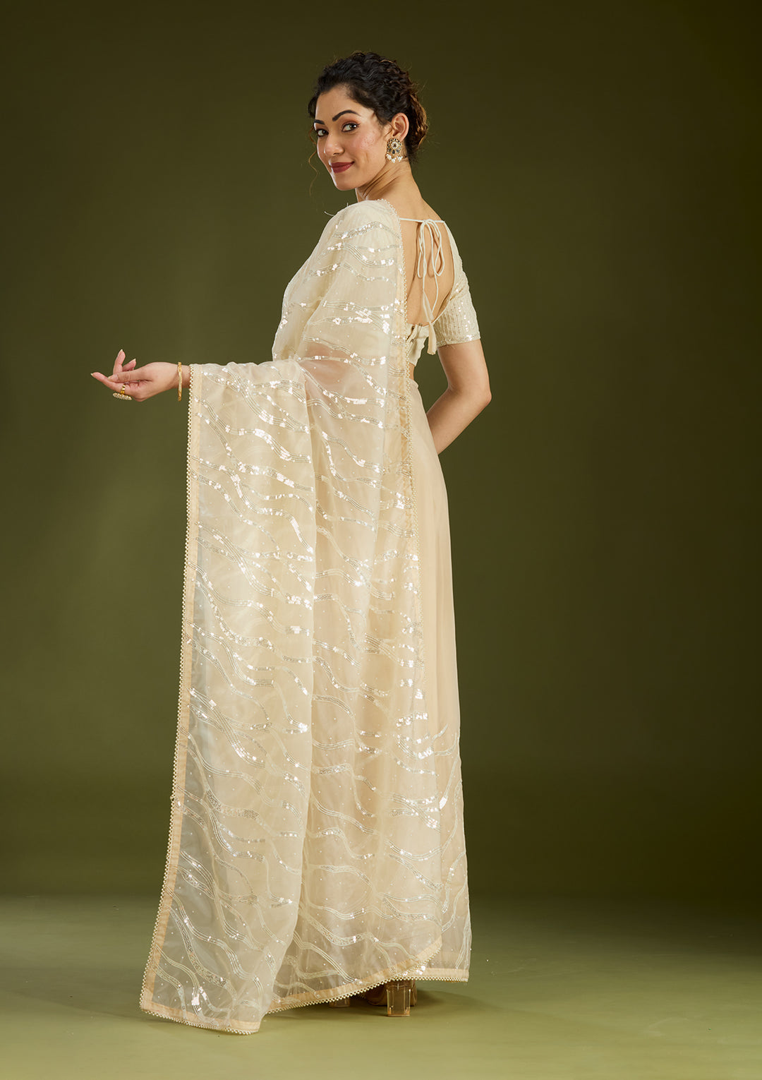 Beige Pearlwork Organza Saree