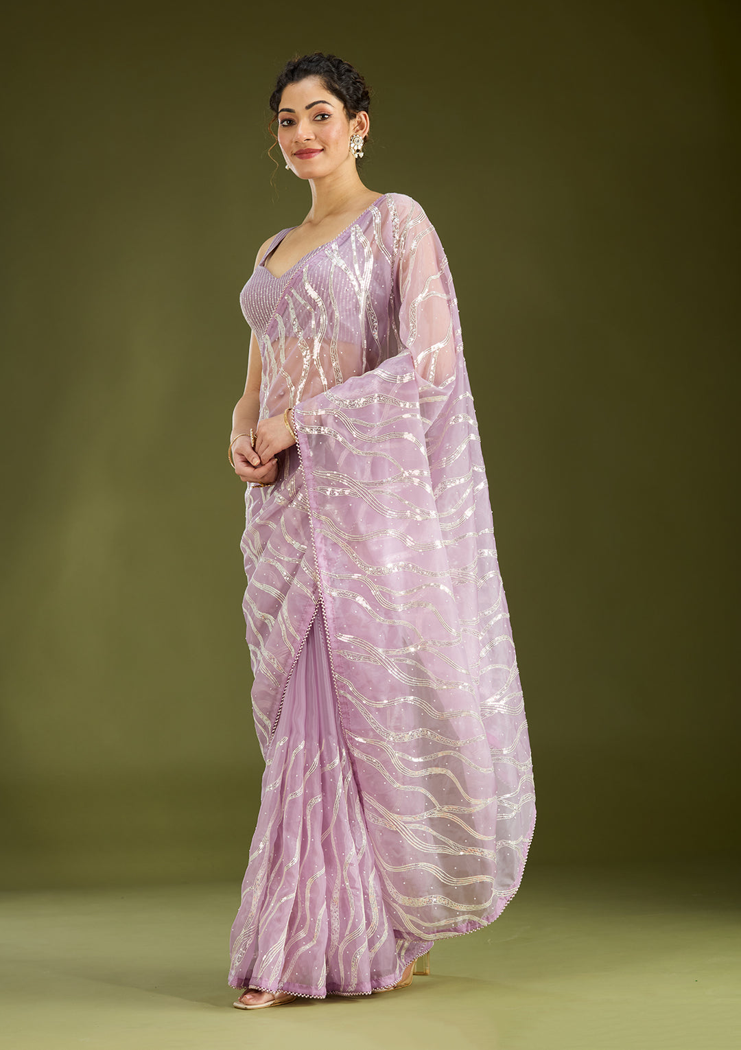 Lavender Pearlwork Organza Saree