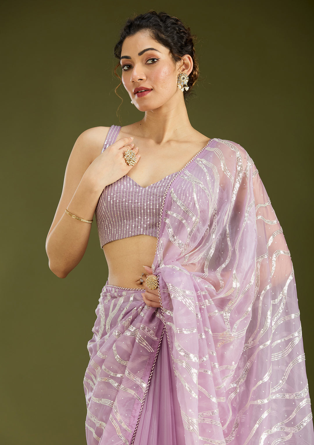 Lavender Pearlwork Organza Saree