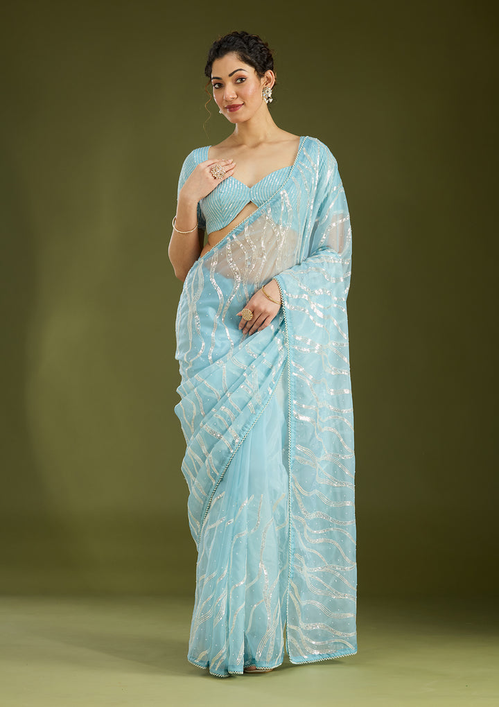 Sky Blue Pearlwork Organza Saree