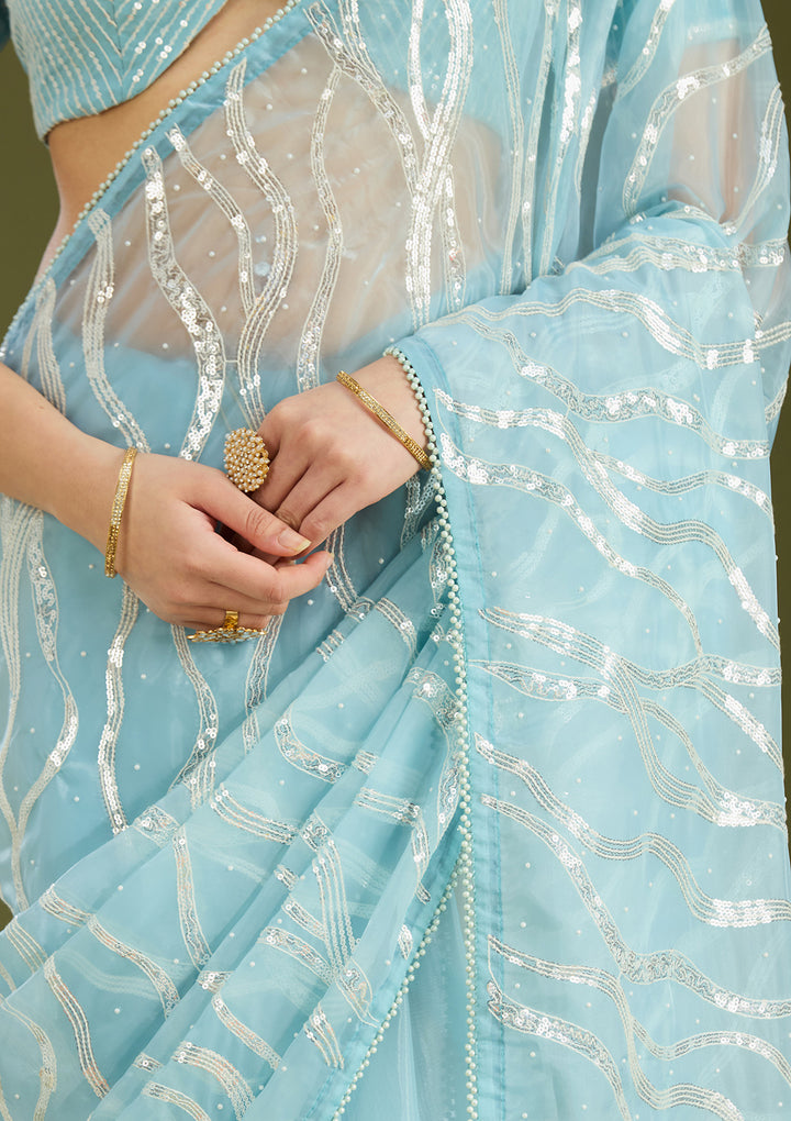 Sky Blue Pearlwork Organza Saree