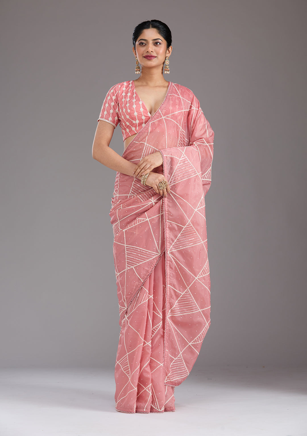Gajari Pink Pearlwork Tissue Saree