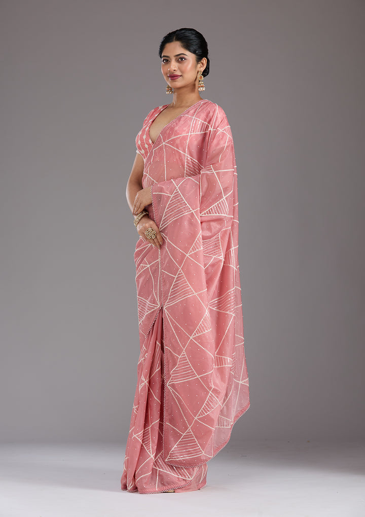 Gajari Pink Pearlwork Tissue Saree