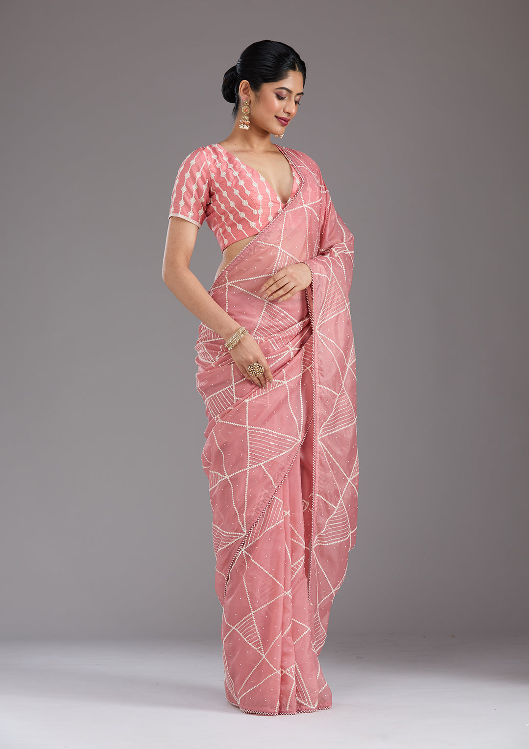 Gajari Pink Pearlwork Tissue Saree