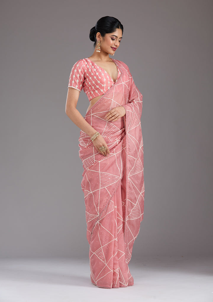 Gajari Pink Pearlwork Tissue Saree