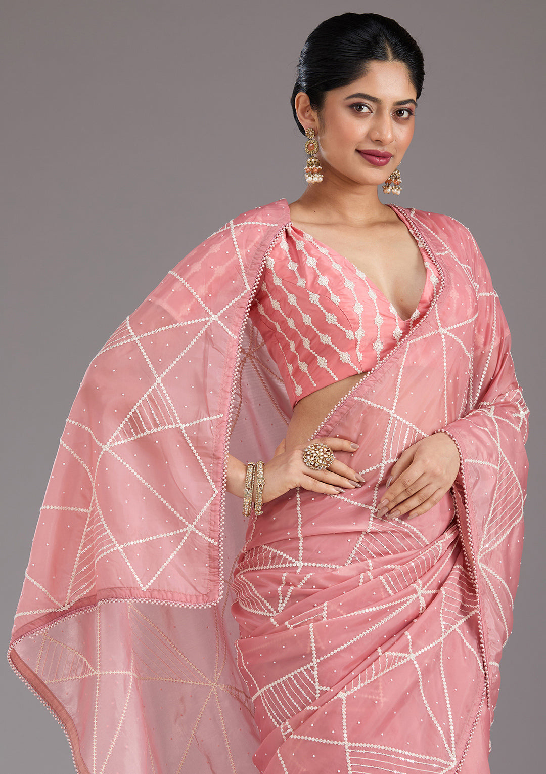 Gajari Pink Pearlwork Tissue Saree