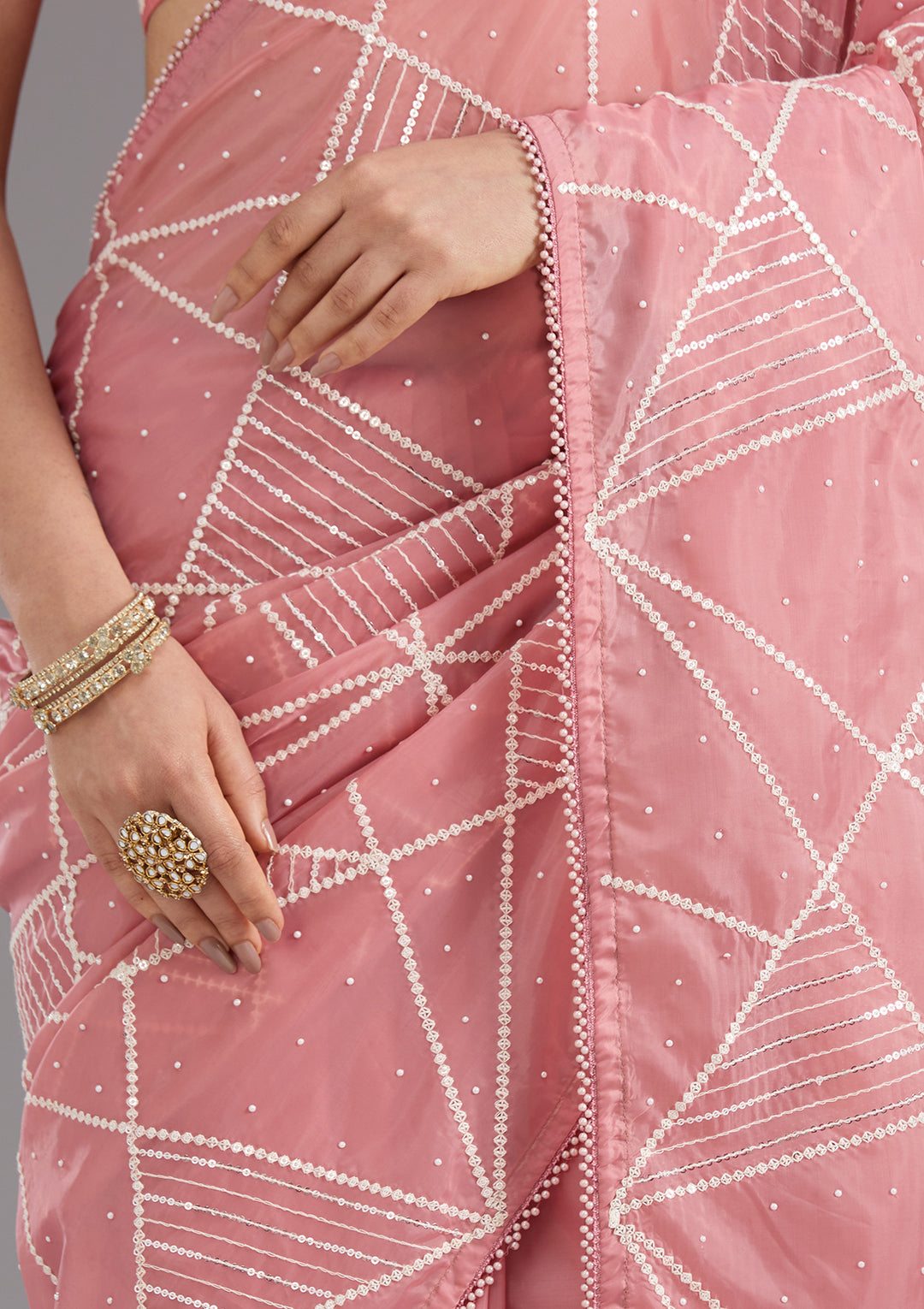 Gajari Pink Pearlwork Tissue Saree