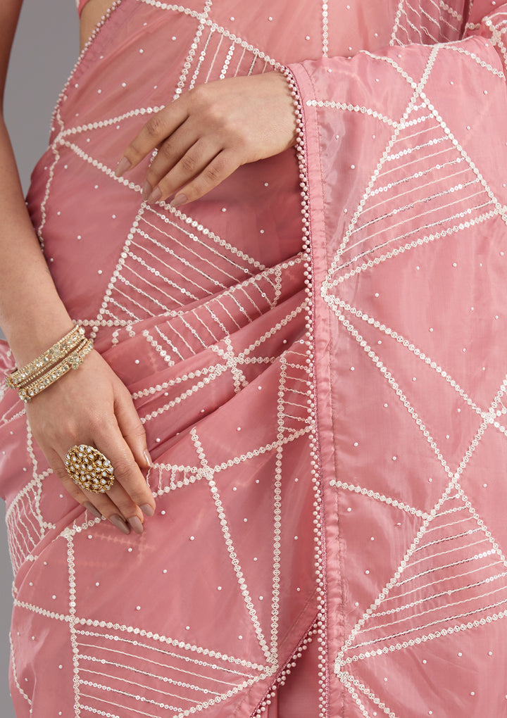 Gajari Pink Pearlwork Tissue Saree