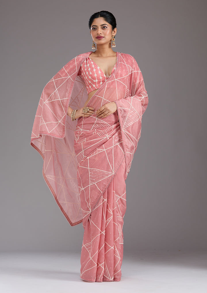 Gajari Pink Pearlwork Tissue Saree